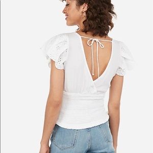Smocked Eyelet Lace Ruffle Sleeve Plunge Top